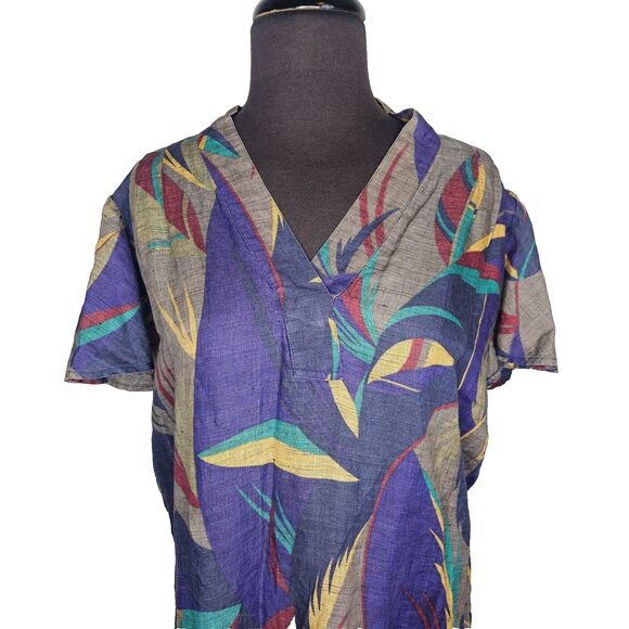 Vintage SOO YUNG LEE Midi Dress Size 4 100% Linen Short Flutter Sleeves V-Neck - Picture 2 of 5